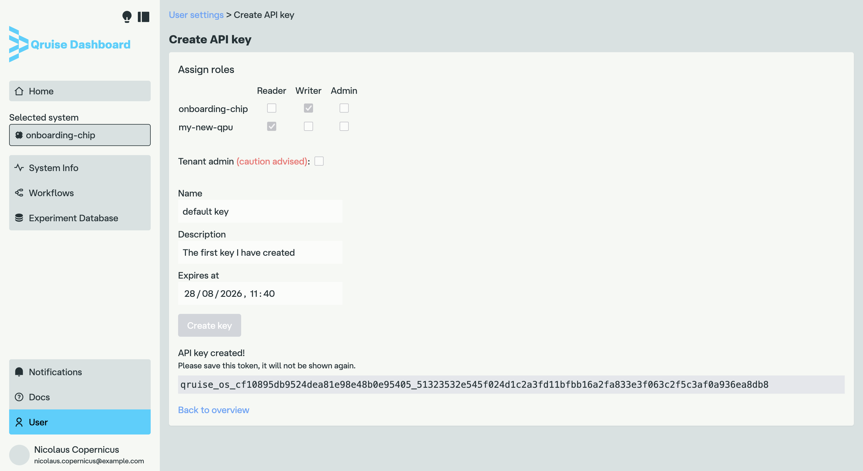 API token creation page with the created token visible