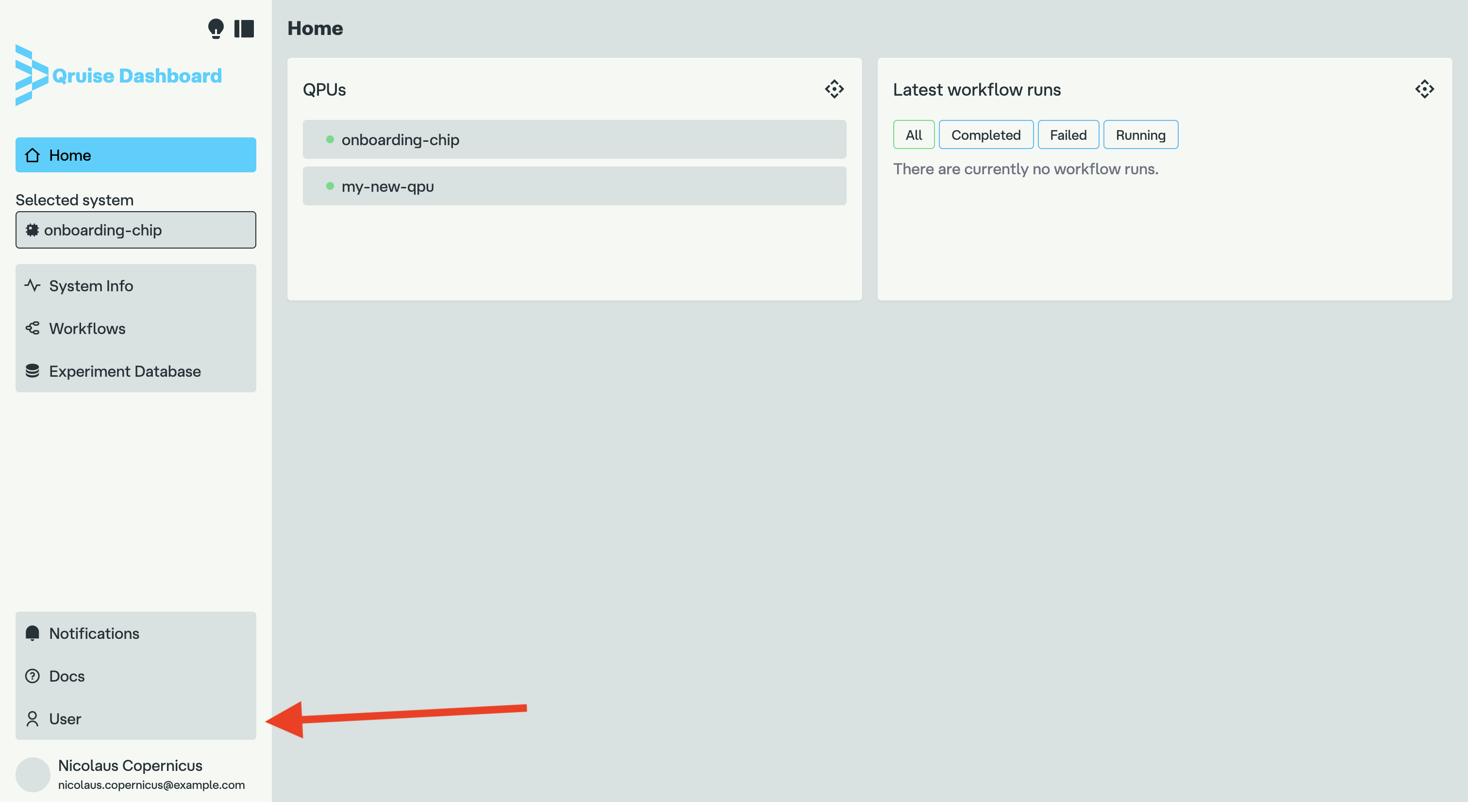Dashboard view with user settings menu indicated
