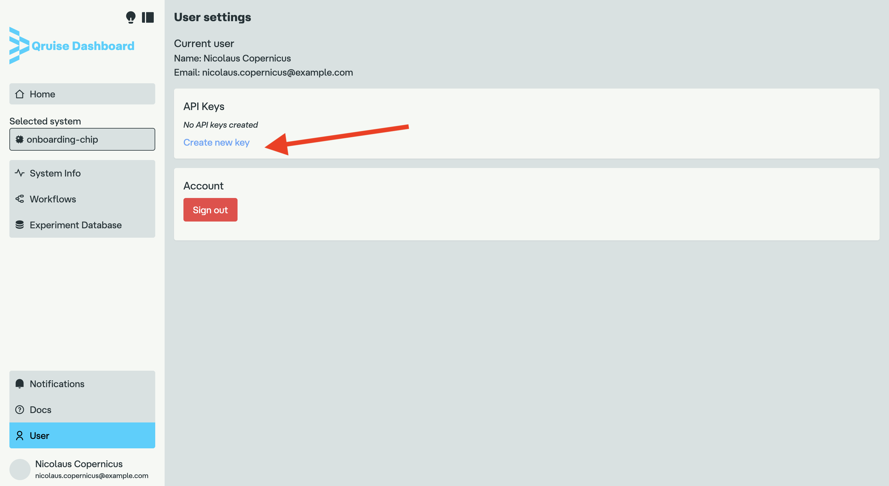 User settings page
