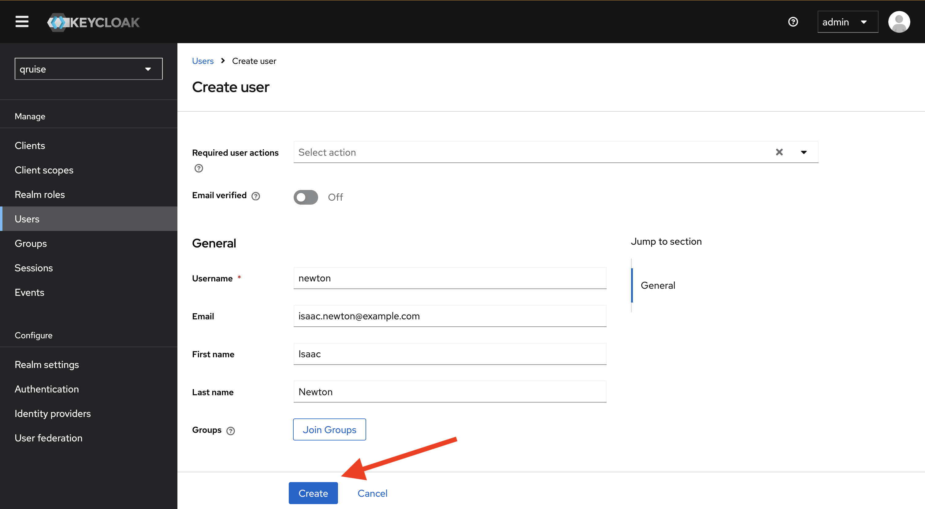 Create user view in Keycloak