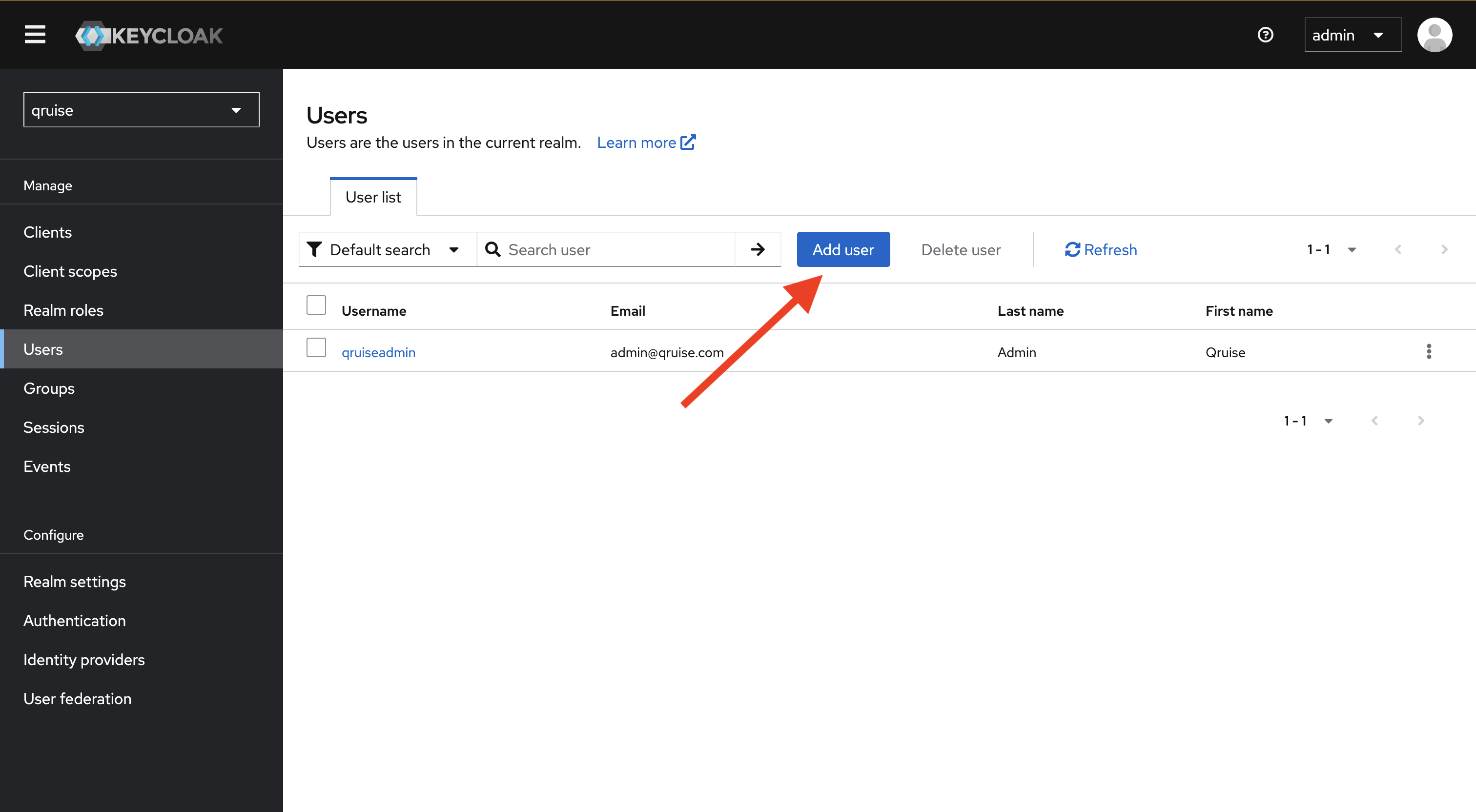 Default user lists in Keycloak for the qruise realm