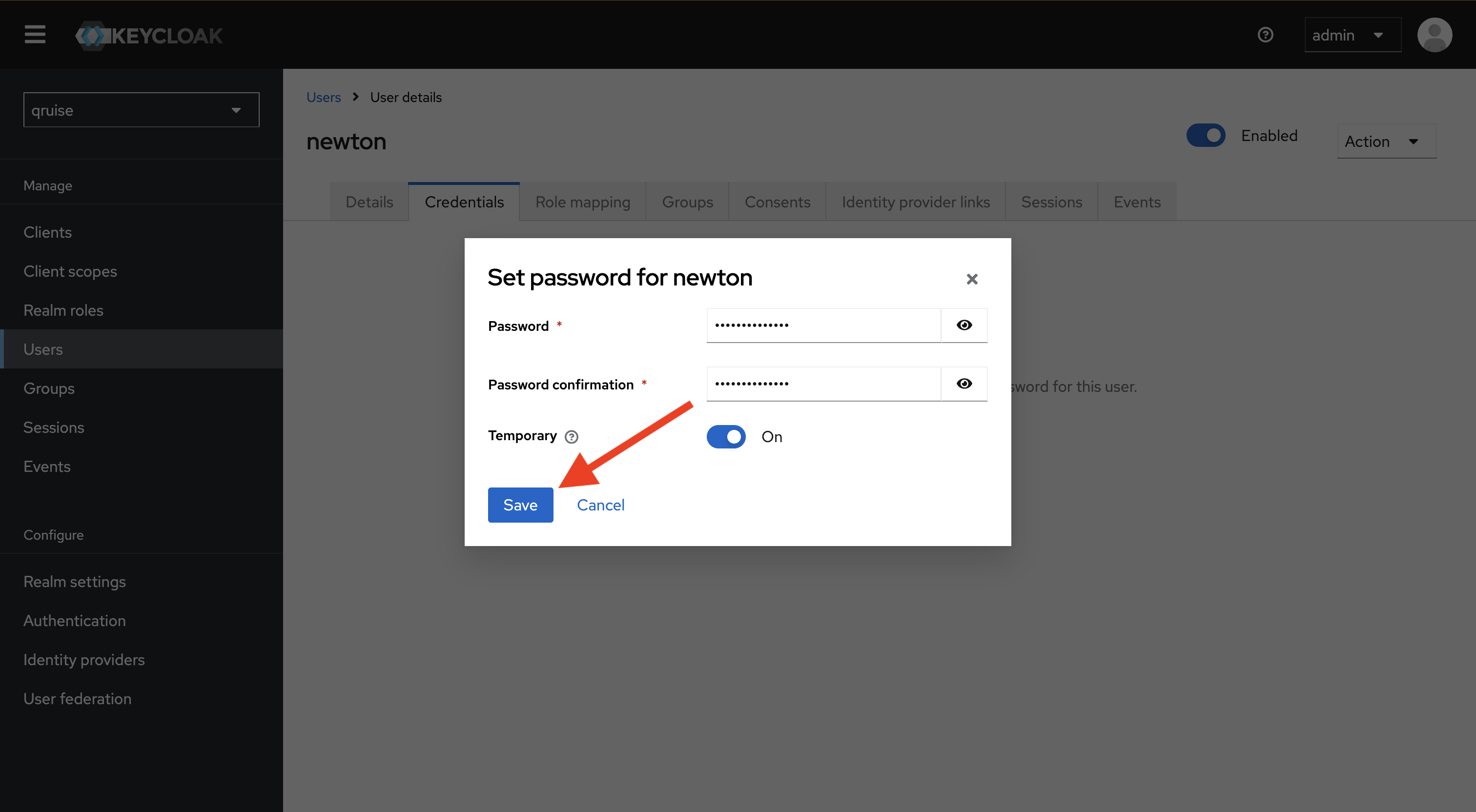 Password creation dialog window in Keycloak