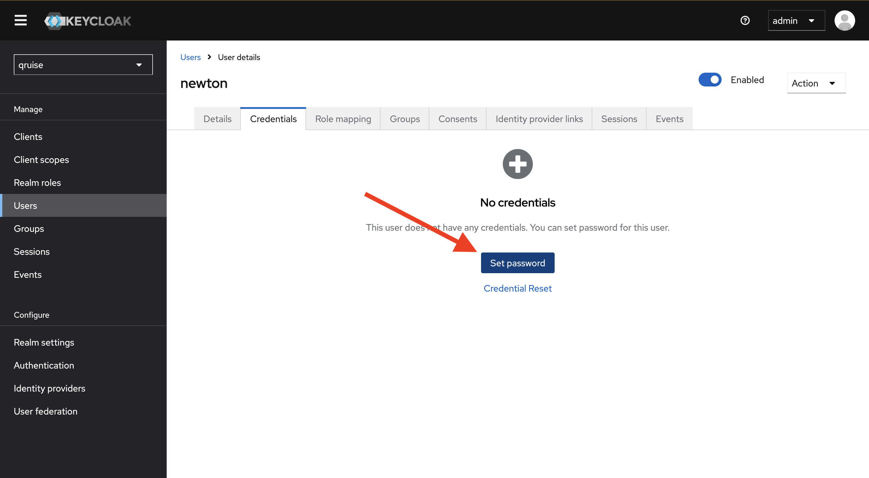Credentials creation view in Keycloak