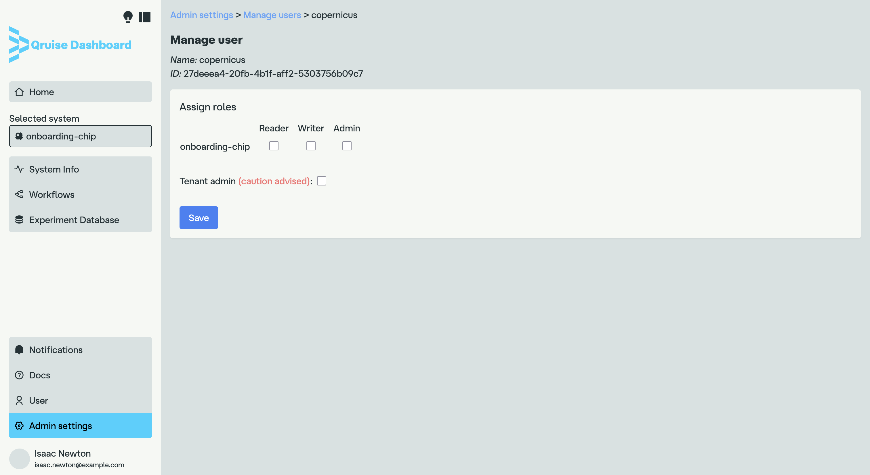 User management view for a user without any roles assigned